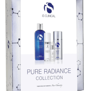 A box labeled "Is Clinical Pure Radiance Collection" displays a cleanser, a dropper bottle, and a cream jar, all set against a white and blue design with molecular graphics on the sides.
